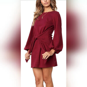 R.Vivimos Burgundy Tie Waist Sweater Dress
